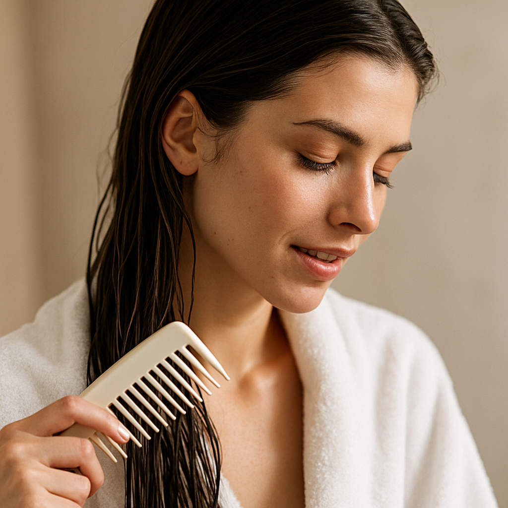 Carefully detangling wet hair