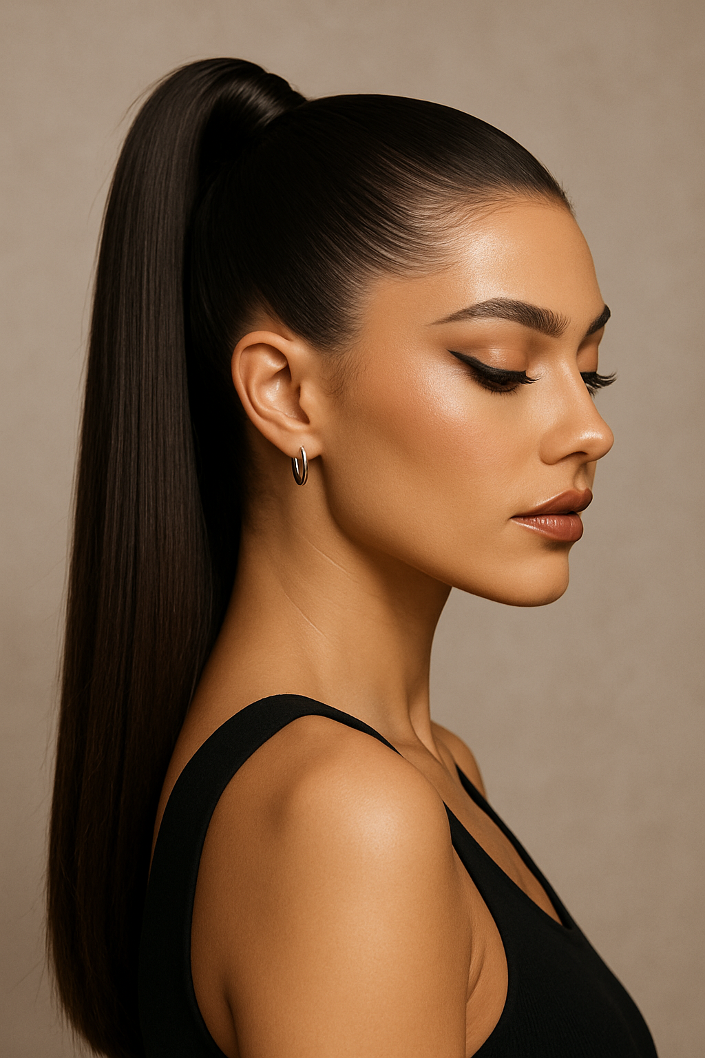 Sleek and glossy high ponytail hairstyle